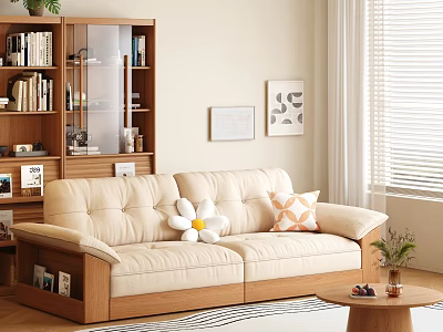 Beige Sofa With Wooden Frame And Cushions Paired With Wooden Coffee Table In Cozy Living Room 3d model