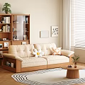 Beige Sofa With Wooden Frame And Cushions Paired With Wooden Coffee Table In Cozy Living Room