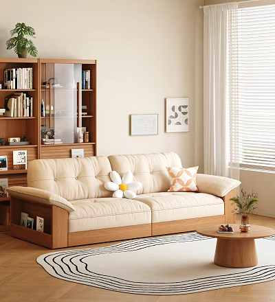 Beige Sofa With Wooden Frame And Cushions Paired With Wooden Coffee Table In Cozy Living Room 3d model