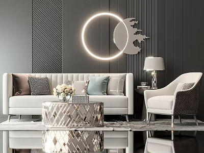 Elegant Modern Sofa Coffee Table Set With Pillows Armchair Table Lamp And Circular Wall Decor 3d model