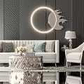 Elegant Modern Sofa Coffee Table Set With Pillows Armchair Table Lamp And Circular Wall Decor