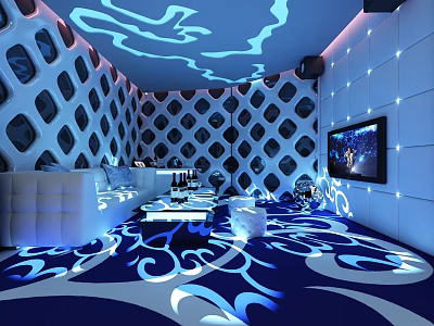 Modern KTV Interior With Blue Lighting Geometric Patterned Walls Sofa Coffee Tables And TV Screen 3d model