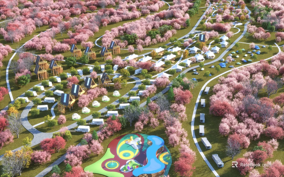 Scenic Campsite Featuring Cherry Blossom Trees Wooden Cabins And RV Campers 3d model 