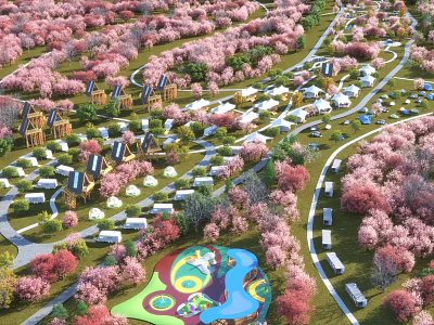 Scenic Campsite Featuring Cherry Blossom Trees Wooden Cabins And RV Campers 3d model