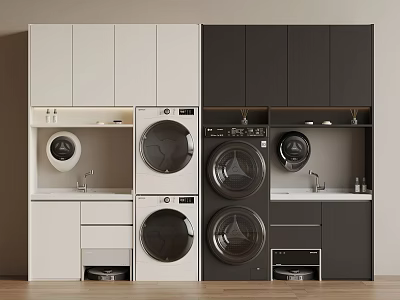 Modern Laundry Room With White And Black Cabinets Washing Machines And Dryers 3d model