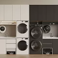 Modern Laundry Room With White And Black Cabinets Washing Machines And Dryers