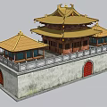 Ancient Architecture Hall Featuring Yellow Roof Side Pavilions Red Arched Gate And Blue Sky