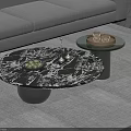 Modern Living Room Round Coffee Table With Marble Top Black Base And Small Side Table