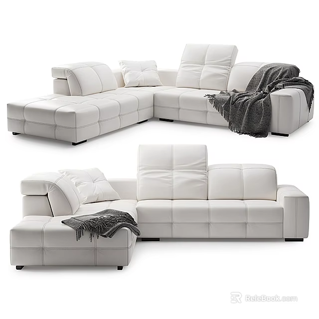 Modern White Leather L Shaped Sectional Sofa With Plush Cushions And Throw Blanket 3d model