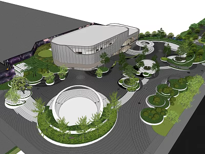 Modern Sales Office Building With Circular Landscape Greenery And Curved Pathway Design 3d model
