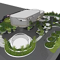 Modern Sales Office Building With Circular Landscape Greenery And Curved Pathway Design