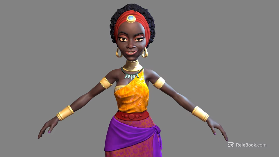 Woman In Yellow Top Red Headscarf Golden Earrings Gold Arm Cuffs Purple Skirt Arms Outstretched 3d model 