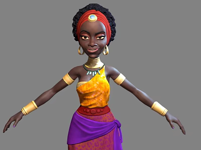 Woman In Yellow Top Red Headscarf Golden Earrings Gold Arm Cuffs Purple Skirt Arms Outstretched 3d model