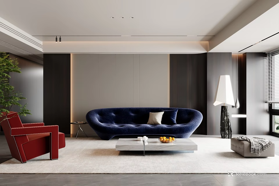 Contemporary Sofa And Coffee Table Set With Blue Curved Design White Tabletop Red Accent Chair And Floor Lamp 3d model 