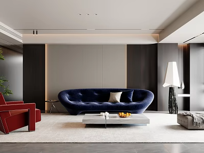 Contemporary Sofa And Coffee Table Set With Blue Curved Design White Tabletop Red Accent Chair And Floor Lamp 3d model