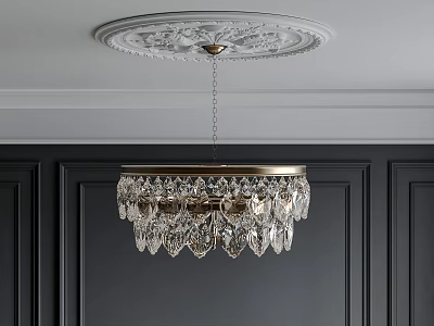 Elegant Crystal Chandelier With Ornate Ceiling Medallion Hanging Over Dark Paneled Walls 3d model
