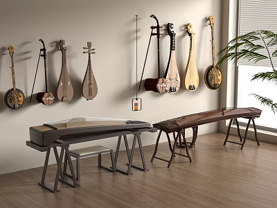 Traditional Musical Instruments and Art Supplies Display with Hanging String Instruments Wooden Tables and Benches 3d model