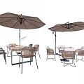 Outdoor Wicker Chairs With Metal Frame And Matching Table Under Large Sunshade Umbrellas