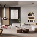 Modern Living Room Featuring Hanging Fireplace Abstract Painting Arched Bookshelf And White Sectional Sofa