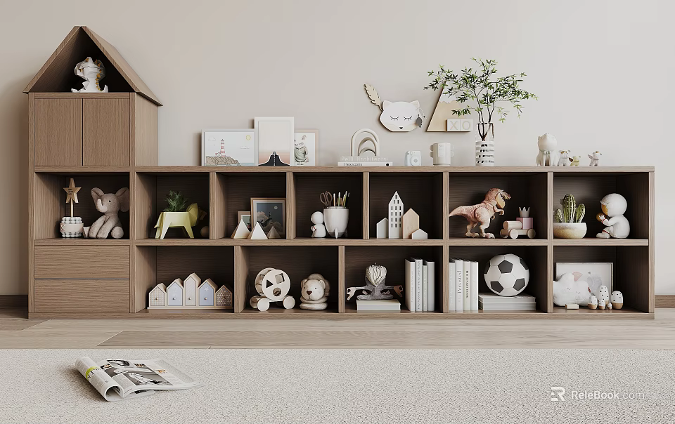 Wooden Bookcase With Multiple Compartments Toys Frames Green Plant And Books 3d model 