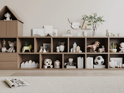 Wooden Bookcase With Multiple Compartments Toys Frames Green Plant And Books 3d model