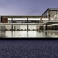 Modern Sales Office Building With Glass Facade Reflective Pool And Pebble Ground At Twilight