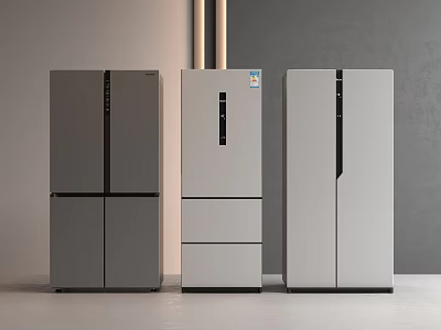 Three Modern Refrigerators In Different Styles Gray And White For Home Kitchen 3d model