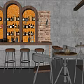 Industrial Style Bar Interior With Bar Counter Bottles Bar Stools And Round Tables