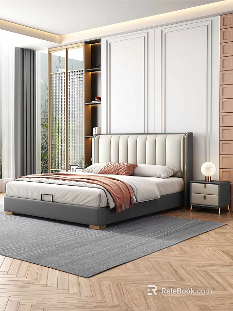 Modern Double Bed With Upholstered Headboard White Sheets Pink Blanket And Bedside Table 3d model 