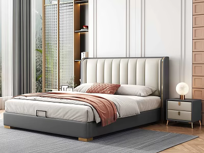 Modern Double Bed With Upholstered Headboard White Sheets Pink Blanket And Bedside Table 3d model