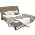 Double Bed With Brown Headboard Patterned Cushion Gray White Blankets Modern Design Black Metal Legs 3d model