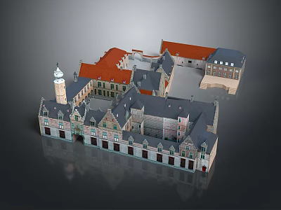 Traditional European Architecture Complex With Red Roofs Central Tower And Courtyard 3d model