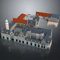 Traditional European Architecture Complex With Red Roofs Central Tower And Courtyard