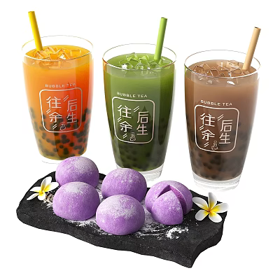 Colorful Bubble Tea With Purple Desserts And Flowers 3d model