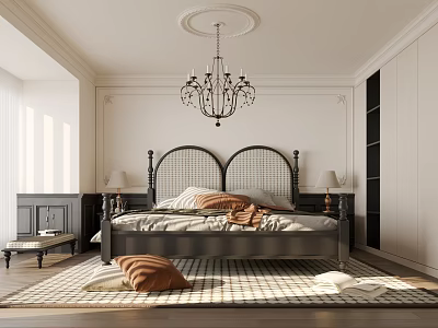 Elegant Bedroom Interior With Black Bed Frame Chandelier Nightstands And Patterned Rug 3d model