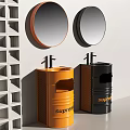 Modern Bathroom Washbasins Orange and Black with Round Mirrors on Grid Wall