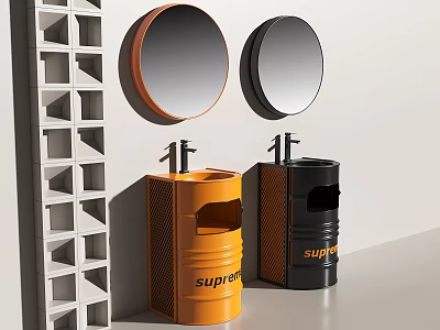 Modern Bathroom Washbasins Orange and Black with Round Mirrors on Grid Wall 3d model