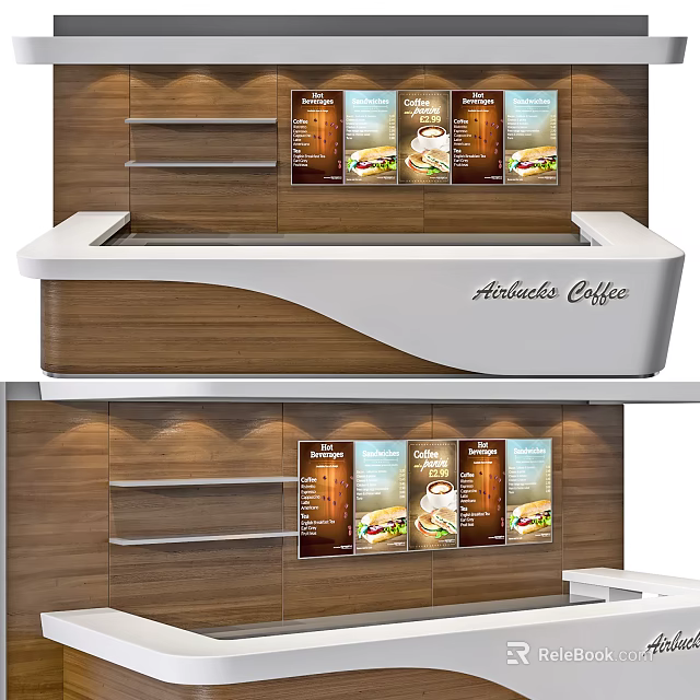 Modern Wooden Reception Desk For Abuelita Coffee With Menu Posters On Wall 3d model 