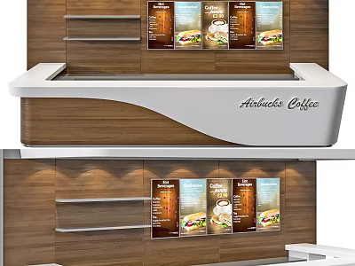 Modern Wooden Reception Desk For Abuelita Coffee With Menu Posters On Wall 3d model