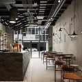 Industrial Milk Tea Shop Interior With Gray Walls Metal Lights Wooden Chairs And Marble Counter