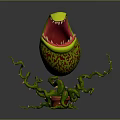 Carnivorous Plant Open Mouth Red Interior Sharp Teeth Green Yellow Spotted Exterior Vines Red Pot
