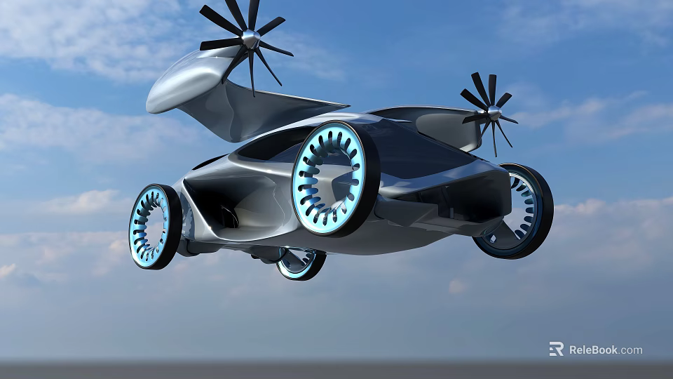 Futuristic Flying Car With Propellers And Blue Rimmed Wheels Flying In Sky 3d model 
