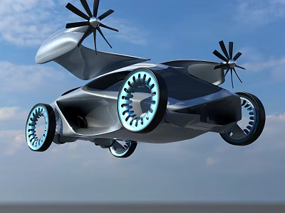 Futuristic Flying Car With Propellers And Blue Rimmed Wheels Flying In Sky 3d model