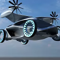 Futuristic Flying Car With Propellers And Blue Rimmed Wheels Flying In Sky