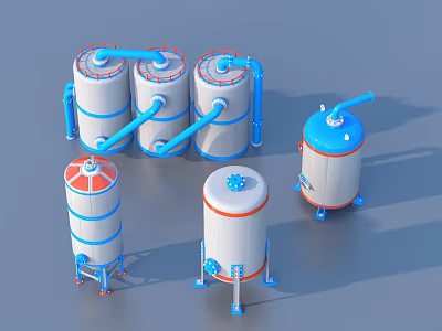 Household Storage Tanks With White Blue Bodies And Red Blue Pipes For Home Use 3d model