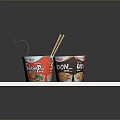 Various Cup Noodles With Open Lid And Spoon On White Platform As Everyday Household Items