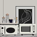 Modern Kitchen Setup With Two Microwaves Glass Shelf Containers Utensils And Artwork 3d model