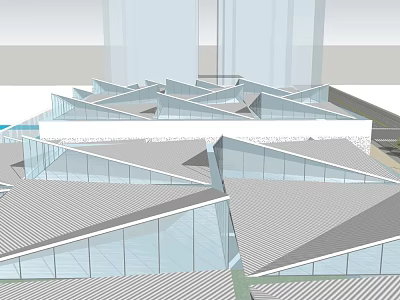 Modern Architectural Exterior With Geometric Roof Structures And Glass Facades 3d model