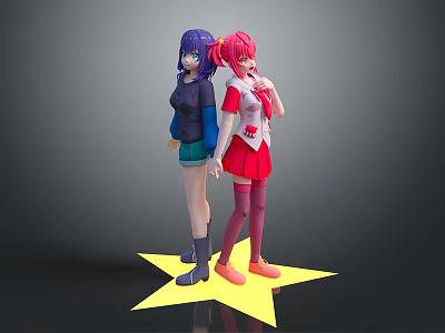 Game Movie Characters Two Anime Girls Purple Pink Hair Colorful Outfits On Yellow Star Platform 3d model
