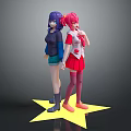 Game Movie Characters Two Anime Girls Purple Pink Hair Colorful Outfits On Yellow Star Platform